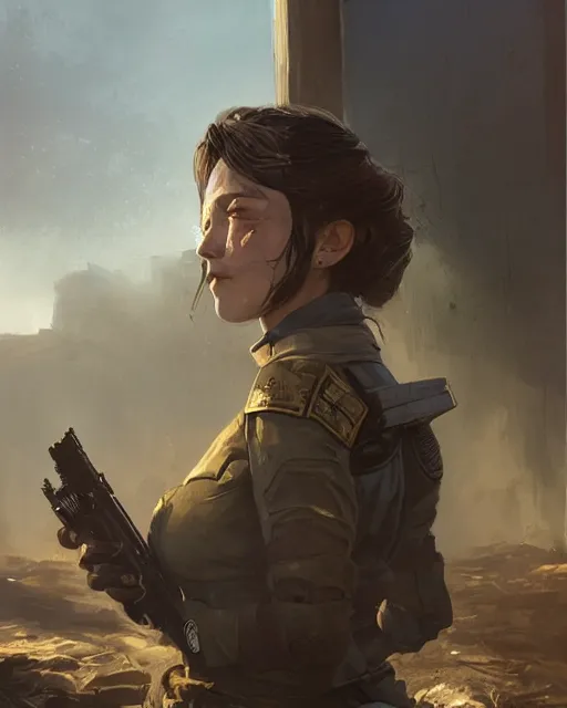 Image similar to fallout 5, concept art brunette female enclave officer portrait, concept art, outdoors mesa setting, spring time, slight overcast, atmospheric lighting, painted, intricate, volumetric lighting, beautiful, sharp focus, golden hour, ultra detailed by krenz cushart and wenjun lin