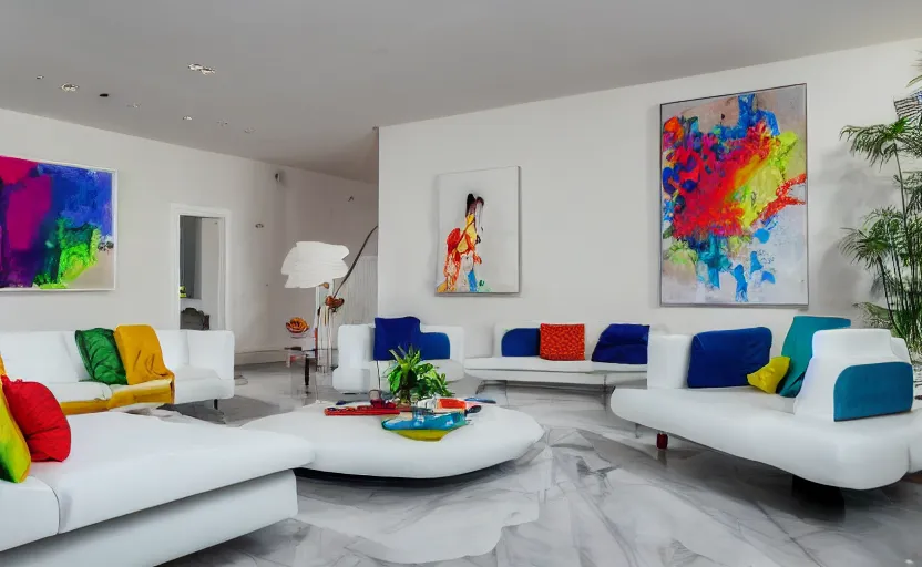 Image similar to Interior shot of a white boujee mansion with modern colorful furniture, very coherent,painted by DotPigeon airbrush