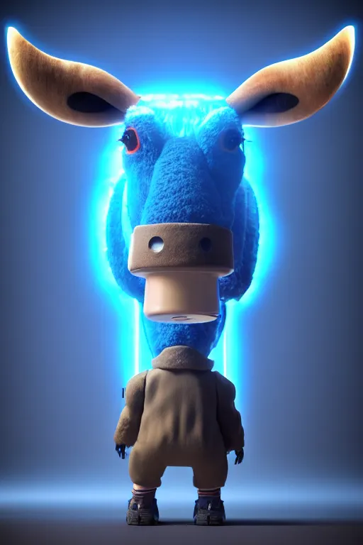 Image similar to high quality 3 d render sci - fi very cute cyborg cow shaggy! hybrid! drinking beer, highly detailed, unreal engine cinematic smooth, in the style of blade runner & detective pikachu, hannah yata charlie immer, dark blue neon light, low angle, uhd 8 k, sharp focus