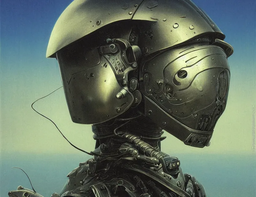 Image similar to a detailed portrait painting of a bounty hunter in combat armour and visor. cinematic sci-fi poster. Flight suit and wires, accurate anatomy. Samurai influence, fencing armour. portrait symmetrical and science fiction theme with lightning, aurora lighting. clouds and stars. Futurism by beksinski carl spitzweg moebius and tuomas korpi. baroque elements. baroque element. intricate artwork by caravaggio. Oil painting. Trending on artstation. 8k