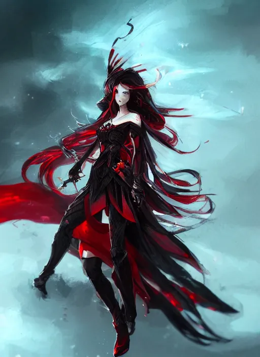 Image similar to a highly detailed illustration of elegant long black haired woman wearing red and black battle dress, heroically posing, with rainbow magic surrounding her, intricate, elegant, highly detailed, centered, digital painting, artstation, concept art, smooth, sharp focus, league of legends concept art, WLOP