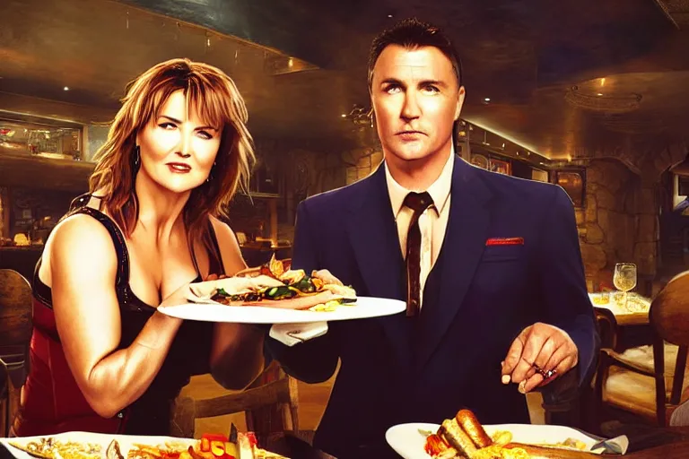 Prompt: lucy lawless, as xena warrior princes, s eating at a restaurant, with a handsome cuban man wearing a suit, digital art