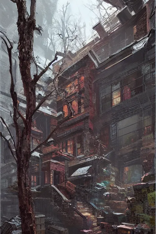 Image similar to (((((a ramshackle Manhattan brick brownstone deep in the forest))))) by Eddie Mendoza!!!!!!!!!!!!!!!!!!!!!!!!!!!