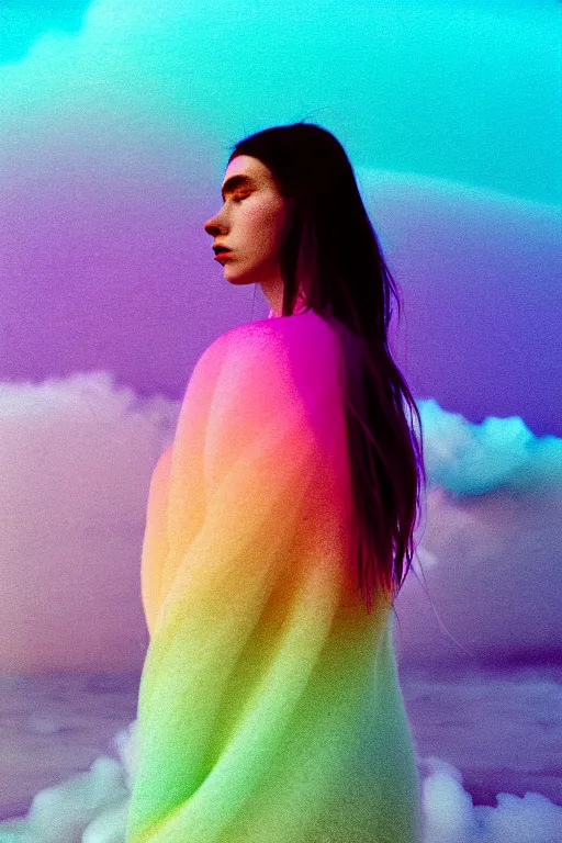 Image similar to high quality pastel coloured film close up wide angle photograph of a model wearing clothing swimming on cloud furniture in a icelandic black rock!! environment in a partially haze filled dreamstate world. three point light, rainbow. photographic production. art directed. pastel colours. volumetric clouds. pastel gradient overlay. waves glitch artefacts. extreme facial clarity. 8 k. filmic.