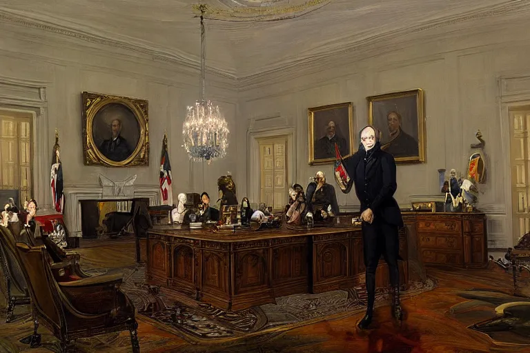 Prompt: a grand portrait of a tall terrifying alien president in the white house oval office. majestic room. he is surrounded by alien advisors. in the style of american impressionist painting. in the style of 1 8 0 0 s romanticism painting. in the victorian era. fantastic composition. dramatic lighting. lots of aliens. aliens. aliens.