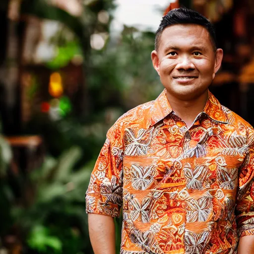 Image similar to A Photo Portrait of Joe Wearing Indonesian Batik Tulis at a fancy Balinese restaurant, award winning photography, sigma 85mm Lens F/1.4, blurred background, perfect faces