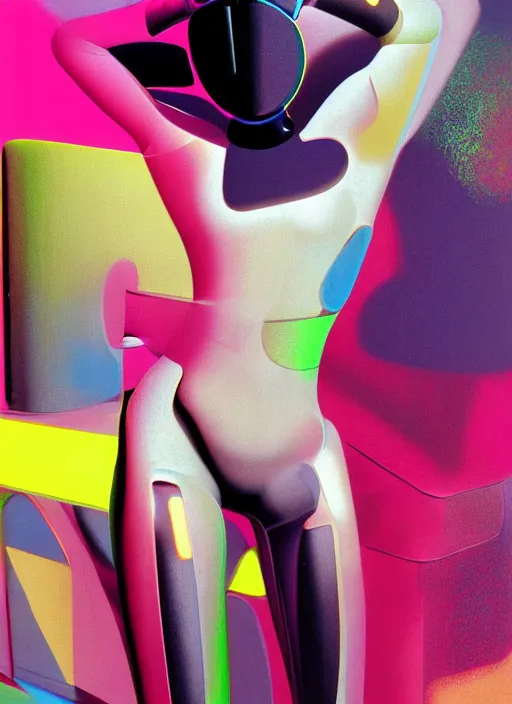 Image similar to futuristic lasers tracing, colorsmoke, laserpunk fullbodysuit, pyramid visor, raindrops, wet, oiled, beautiful cyborg girl pinup, by steven meisel, kaws, rolf armstrong, cubist perfect geometry abstract acrylic, hyperrealism photorealistic airbrush collage painting, monochrome, neon fluorescent colors, minimalist rule of thirds, eighties eros