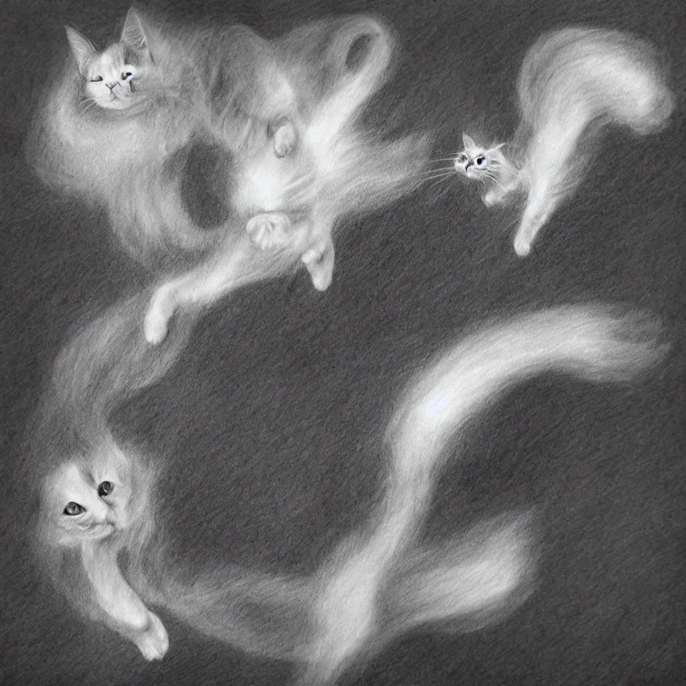 Image similar to pencil drawing , ghost cat , flying cat , Tim burton , high-quality, well detailed , HD