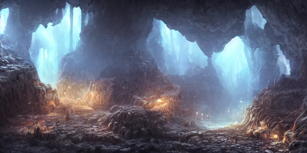 Image similar to fantasy matte painting of a cave with glowing crystals on the walls and piles of bones on the floor, fantasy, sharp focus, artstation