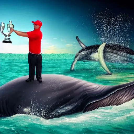 Image similar to highly detailed photo of a midget golfer standing on a beached whale. the crowd is cheering him as he lifts the trophy. highly detailed render, photorealistic, concept art, sfx