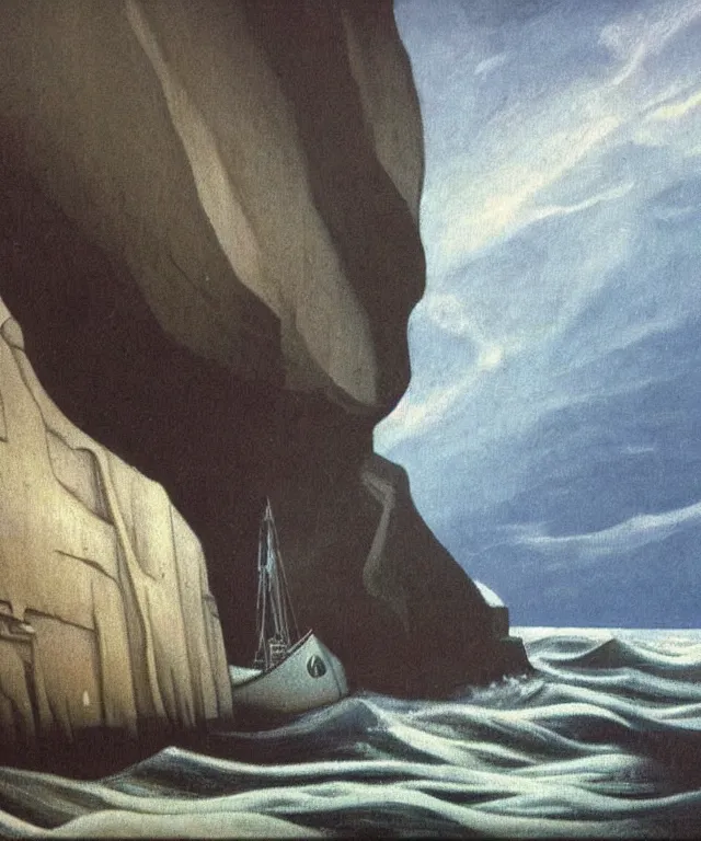 Image similar to photorealistic painting of a 1 9 2 5 seiner sailing near a short tropical cliff with the mouth of a sea cave at the waterline, dark, brooding, atmospheric, lovecraft, horror, smooth, epic, highly detailed, cinematic, lawren harris