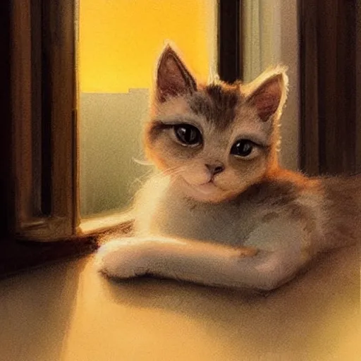 Prompt: head and shoulders masterpiece portrait of a cute adorable cat on a window sill at sunset, digital art watercolor by krenz cushart and hayao miyazaki, trending on artstation, cgsociety, rich vivid color