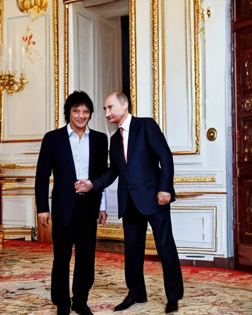 Image similar to sixty years old viktor tsoi with joyful look in a business suit shaking hands with vladimir putin in kremlin, moscow, color photo, mid shot photo, official meeting, digital photo, 4 k