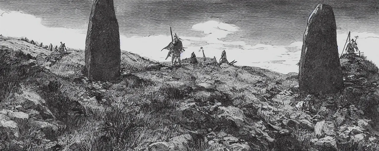 Prompt: meadow mountain landscape with a menhir in the foreground, medieval warriors wearing plate armor resting, flag, by takehiko inoue, detailed black ink