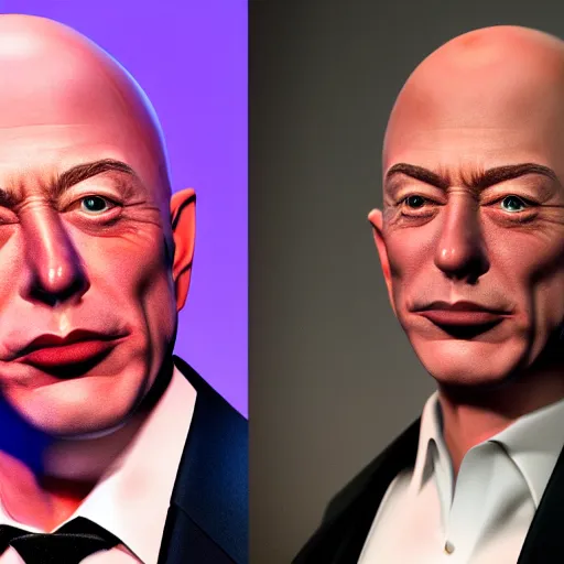 Prompt: photo realistic, uncanny valley, hyper realistic, 8 k, octane render, vray, portrait of a very wrinkly elon musk wearing a flabby jeff bezos skin suit, dead shiny black shark eyes saggy skin, melted face, entire head, bald