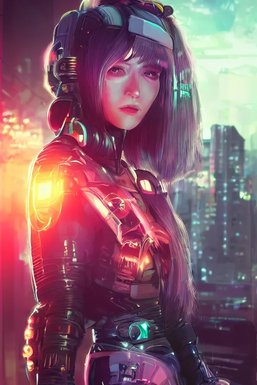 Image similar to portrait futuristic Cyber warrior Girl, in future cyberpunk tokyo rooftop , ssci-fi, fantasy, intricate, very very beautiful, elegant, neon light, highly detailed, digital painting, artstation, concept art, smooth, sharp focus, illustration, art by WLOP and tian zi and alphonse mucha