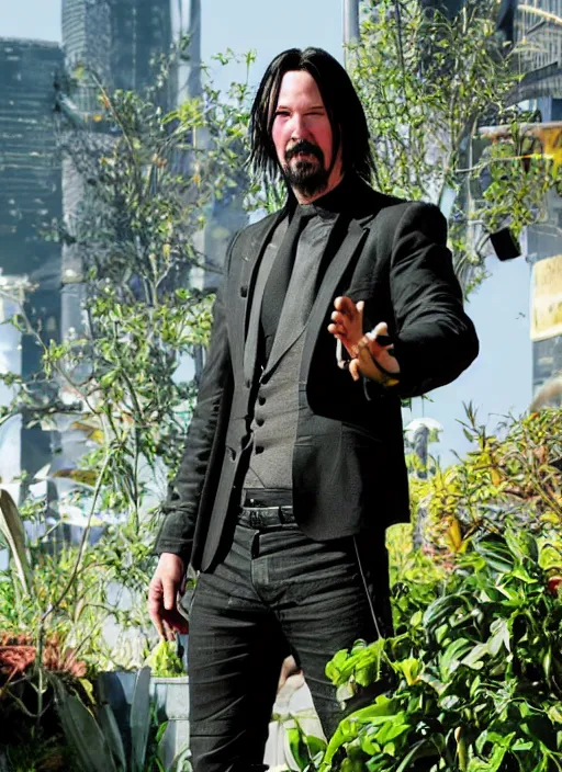 Prompt: solarpunk keanu reeves working in a garden, cyberpunk 2 0 7 7 wake up samurai, solarpunk, lots of plants, gardening, permaculture, anarchy, realistic, ultra detailed