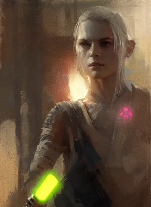 Image similar to female jedi, beautiful face, neon, rule of thirds, intricate outfit, spotlight, by greg rutkowski, by jeremy mann, digital painting