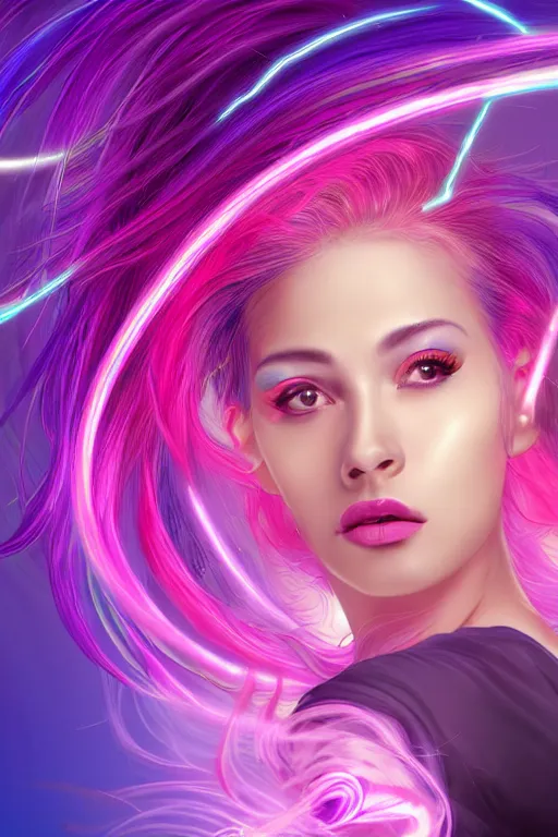 Image similar to a award winning half body portrait of a beautiful woman in a croptop and cargo pants with ombre purple pink teal hairstyle with head in motion and hair flying, surrounded by whirling illuminated lines, outrun, vaporware, shaded flat illustration, digital art, trending on artstation, highly detailed, fine detail, intricate