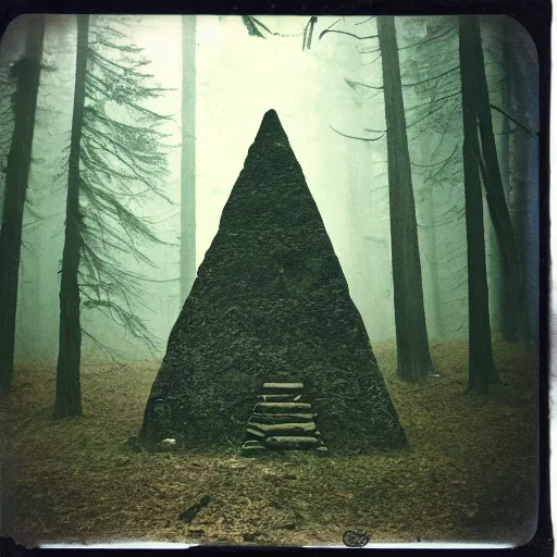 Prompt: a stone pyramid in the middle of a forest clearing, foggy, eerie, creepy, unsettling, lost footage, old polaroid, expired film,