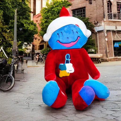 Prompt: blue'snappy gifts'human - sized plush doll, on sidewalk, holding gift, happy atmosphere, high detail, soft lighting, 8 k
