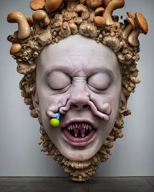 Prompt: a massive porcelain sculpture in a medieval castle of super mario's face spewing mushrooms from his mouth, in the style of johnson tsang, funny sculpture, lucid dream series, oil on canvas, francis bacon