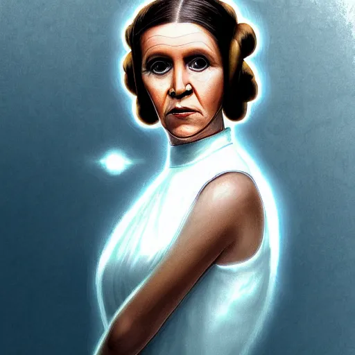 Image similar to portrait of princess leia doing a duckface, in a light white dress, digital art, golden hour, smooth, extremely detailed