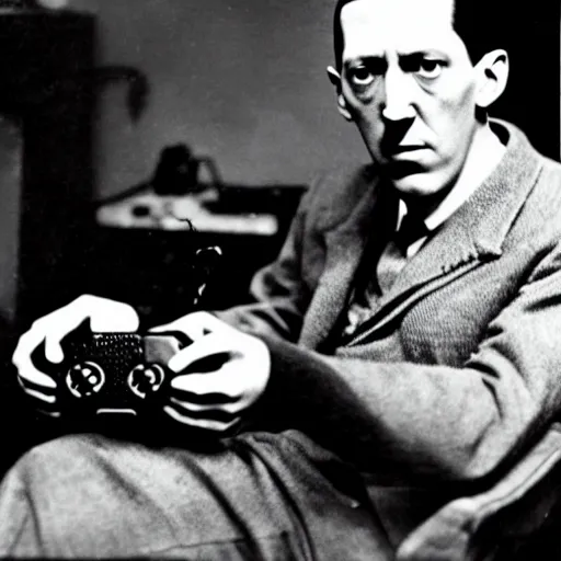 Image similar to h. p. lovecraft playing a video game, vintage photograph, xbox controller, angry