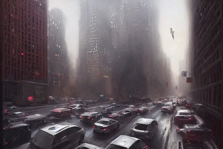 Image similar to beautiful matte painting of boy looking from his window on traffic jam on the streets of neo new york by greg rutkowski