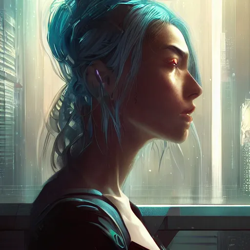 Image similar to portrait of cyberpunk woman looking out of a window, cyberpunk setting, futuristic, highly detailed, intricate lighting, digital painting, sharp focus, illustration, trending on artstation, art by charlie bowater.