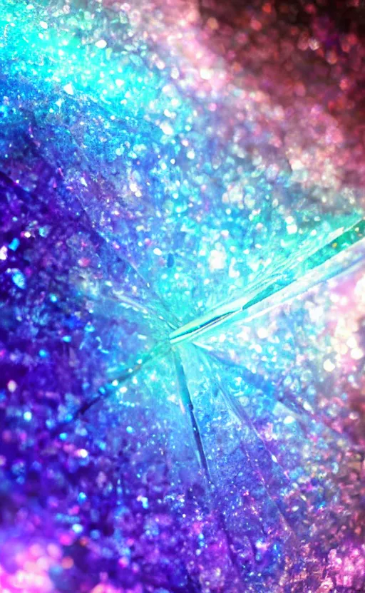 Image similar to Close-up of an iridescent crystal in space inside against the background of a time vortex, magic, fantasy, realism, beautiful, epic, dream, realism, photo, 8K, high quality, high resolution, HDR, 4K, lossless
