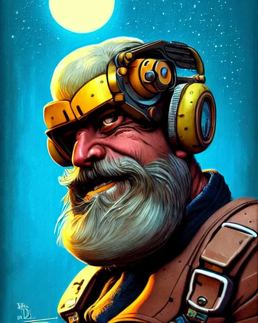 Image similar to torbjorn from overwatch, character portrait, portrait, close up, concept art, intricate details, highly detailed, vintage sci - fi poster, retro future, vintage sci - fi art, in the style of chris foss, rodger dean, moebius, michael whelan, and gustave dore