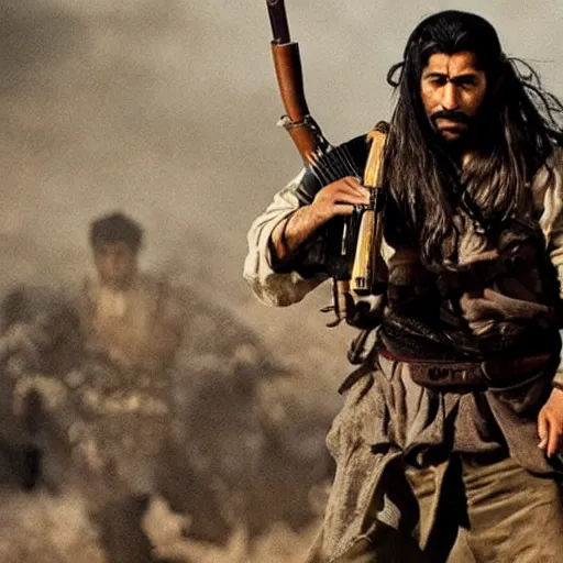 Prompt: kurdish samurai in a movie directed by christopher nolan, movie still frame, promotional image, imax 7 0 mm footage