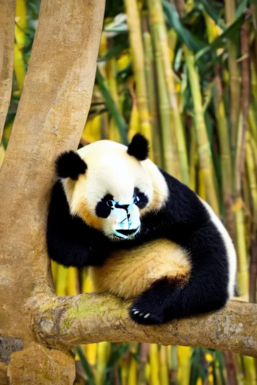 Image similar to Panda on orange chothes, bamboos on background