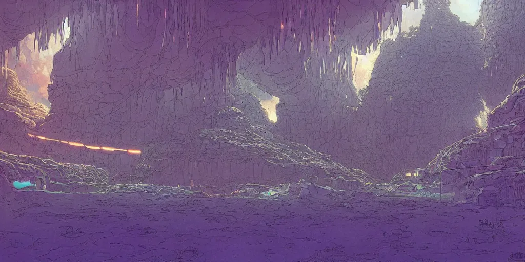 Prompt: natural cave with scifi huge experimental tanks and bizarre creatures in it , low ceiling, cables hanging from ceiling, thick cables on ground, ground perspective, computer screens, neons, top light , epic scene, 8k, illustration, art by ghibli moebius, comics art