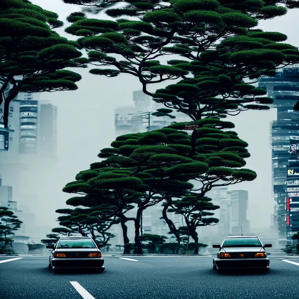 Image similar to car in center JZX100 twin turbo drift on a road, surrounded by trees and buidlings in Tokyo prefecture, rooftops are Japanese architecture, city at sunset heavy mist over streetlights, cinematic lighting, photorealistic, detailed wheels, highly detailed