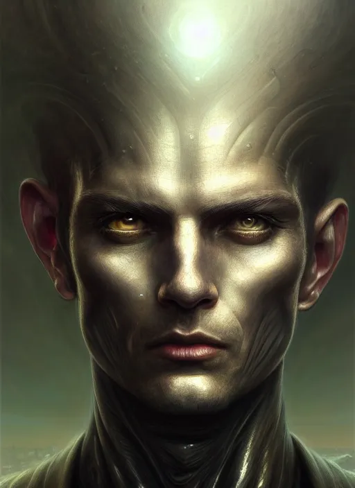 Image similar to closeup portrait shot of a male android in a scenic dystopian environment, intricate, elegant, highly detailed, centered, digital painting, artstation, concept art, smooth, sharp focus, illustration, artgerm, tomasz alen kopera, peter mohrbacher, donato giancola, joseph christian leyendecker, wlop, boris vallejo