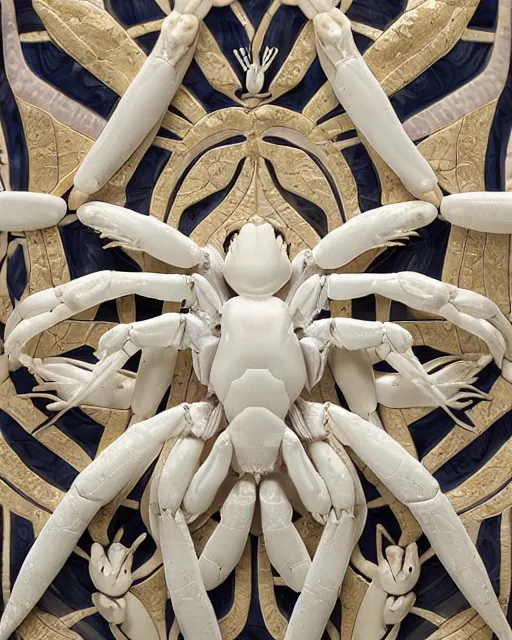 Prompt: symmetry, white marble, white marble bas relief sculpture, white pottery with gold kintsugi, feminine shapes, crabs, spiders, scorpions, tarantulas, stunning, highly detailed, intricately detailed, art nuevo, octane, 8 k, hdr, art by hr geiger and ridley scott and alphonse mucha, trending on artstation