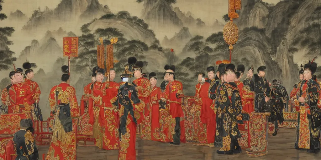 Image similar to Highly detailed and cinematic romantic period oil painting of Imperial Chinese palace guards bowing to the Chinese emperor who is sat upon a throne, strong atmosphere, oil painting masterpiece by Josep Tapiró Baró, symmetry, fractals