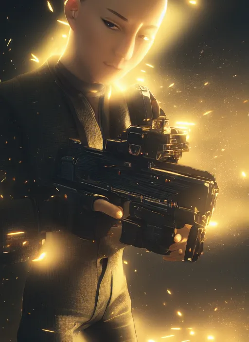 Image similar to Agent Saitama, artistic, cool pose, light atmosphere, cinematic shot, intricate, ornate, photorealistic, ultra detailed, realistic, 100mm, photography, octane, high definition, depth of field, bokeh, 8k, artstation