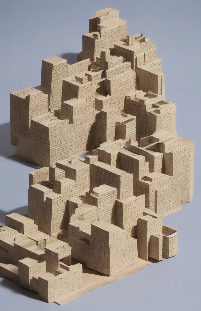 Image similar to isometric view, architectural model, studio lighting, low contrast, wood and paper, tall building, social housing for 1 0 0 0 household, frank gehry architecture, high tech, post - modernism