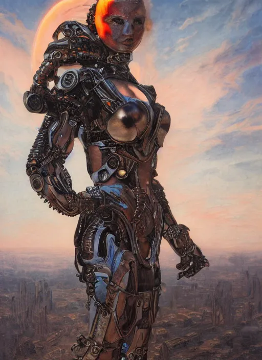 Prompt: portrait of a diabolical beautiful female cyborg girl, torn cape, adaptive armor, dynamic pose, heavy eyes to the side, ancient ruins, glowing veins subsurface scattering, in clouds, sunset, portrait, by gerald brom, by mikhail vrubel, by peter elson, muted colors, extreme detail, reflections, trending on artstation, 8 k