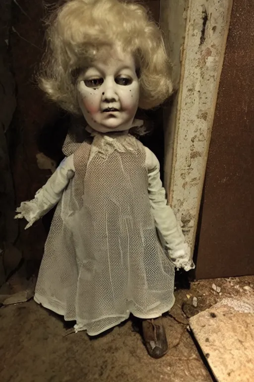 Image similar to creepy dirty cracked vintage doll in darkly lit dusty basement cobwebs blair witch style photo