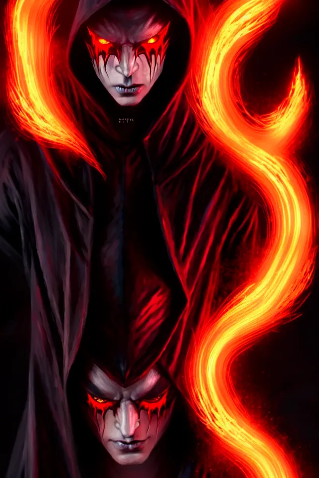 Image similar to a striking portrait of a pitch black hooded male figure with jagged horns and flaming red eyes by moebius and ross tran and artgerm, trending on artstation, digital art, 4 k resolution, detailed, high quality, sharp focus, hq artwork, insane detail, volumetric lighting, character concept art, fine details, clear face