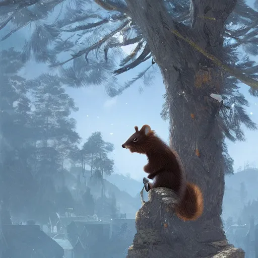 Prompt: Giant pine marten over a village, digital art, by Greg Rutkowski, trending on artstation, 4k