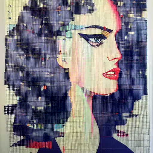 Prompt: beautiful woman seen in profile, haloed by an explosion of microsoft excel chart lines and graphs by sandra chevrier, rik oostenbroek, white background