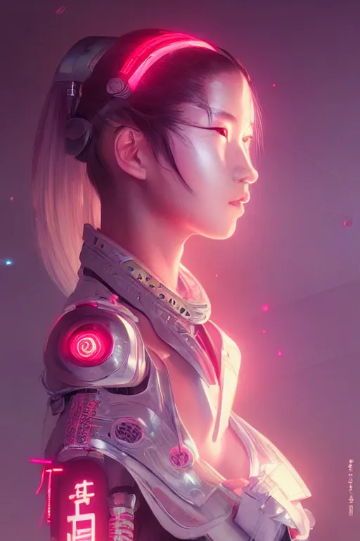 Image similar to portrait futuristic Samurai Girl, in future cyberpunk tokyo rooftop , ssci-fi, fantasy, intricate, very very beautiful, elegant, human anatomy, neon light, highly detailed, digital painting, artstation, concept art, smooth, sharp focus, illustration, art by tian zi and WLOP and alphonse mucha