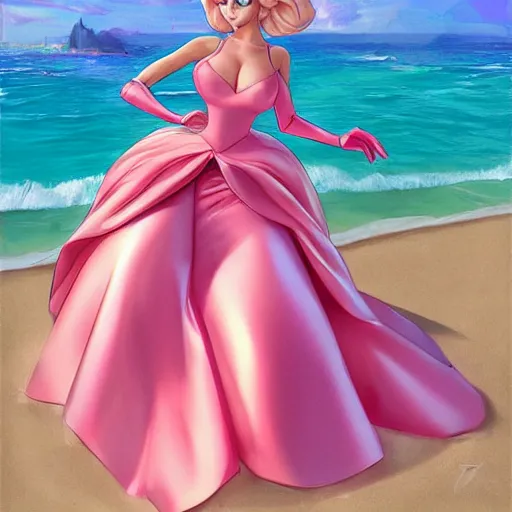 Image similar to beautiful princess peach in a skintight pink satin prom dress on the beach drawn by artgerm