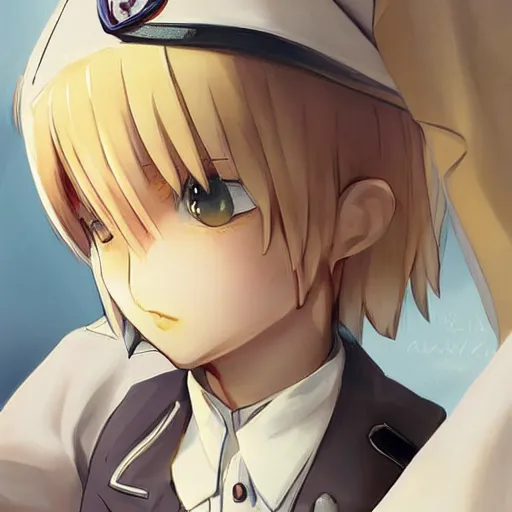 Image similar to beautiful little blonde boy in nazi uniform. made in abyss art style, inspired by kris from deltarrune, cute detailed artwork, anatomically correct, soft details, ilya kuvshinov, reflection, perfect composition, portrait, illumination, digital art, detailed anime soft face, symmetrical face, western comic, illustration, realistic, nazism