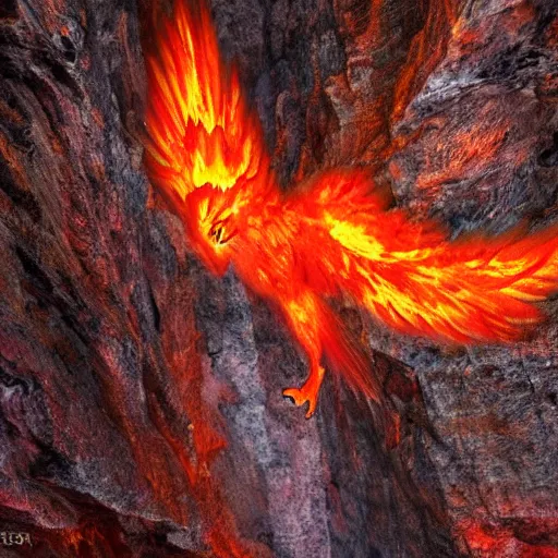 Prompt: bright flame pheonix in a dark cave scenematic 4k